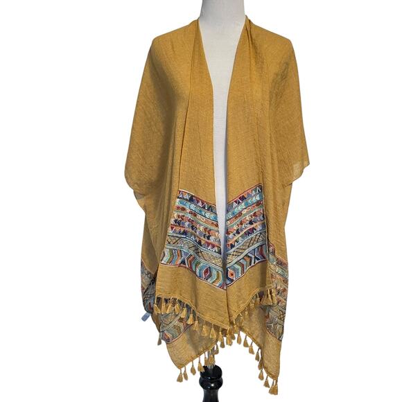 Bohemian Gold Embroidered Wrap Womens One Size Aztec Fringe Coverup Kimono - Picture 1 of 6